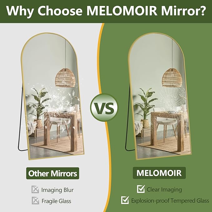 MELOMOIR 76"x34" Gold Mirror Full Length, Large Mirror Full Length for Bedroom Living Room Cloakroom Home Gym, Free Standing Leaning or Wall Mounted, Arched Top Thin Aluminum Frame, Tempered Glass
