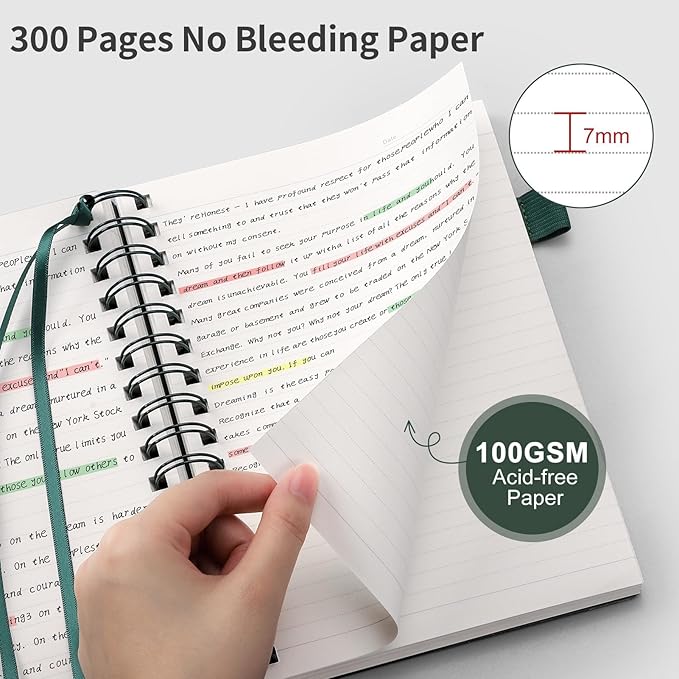 EMSHOI Lined Spiral Journal Notebook, A5 College Ruled Notebook, 300 Pages/150 Sheets, 100gsm Acid-Free Paper, Waterproof Softcover Notebook for School, Work, Note Taking, 5.7" × 8.22" - Dark Green