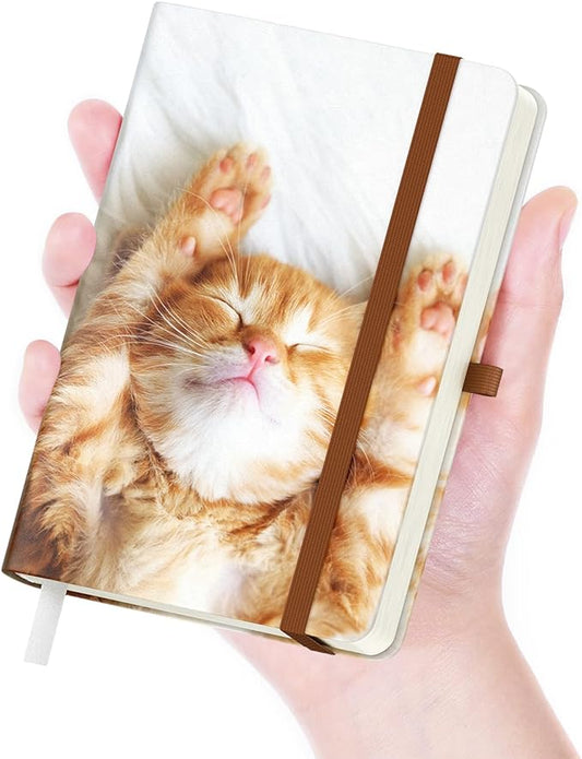 Small Notebook, Mini Pocket Journal A6 5.7" x 3.9", Leather Hardcover Journal with Pen Holder, 160 Thick Papers, Cute Lined Notebook Small Notepad for Women Writing Work Travel, Cute Kitten