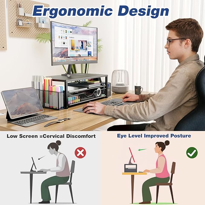 Desk Organizers and Accessories, 2-Tier Computer Monitor Stand Riser with Drawer and 2 Pen Holders, Laptop Stand, Office Desk Accessories for Office Supplies, Purple