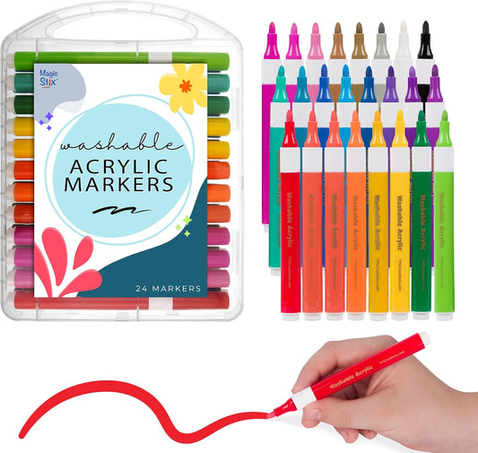 The Pencil Grip Magic Stix Washable Acrylic Markers for Kids and Teens, 24 Non-Toxic Colors, Allergen-Free, Vibrant Paint Pens for Crafting and DIY