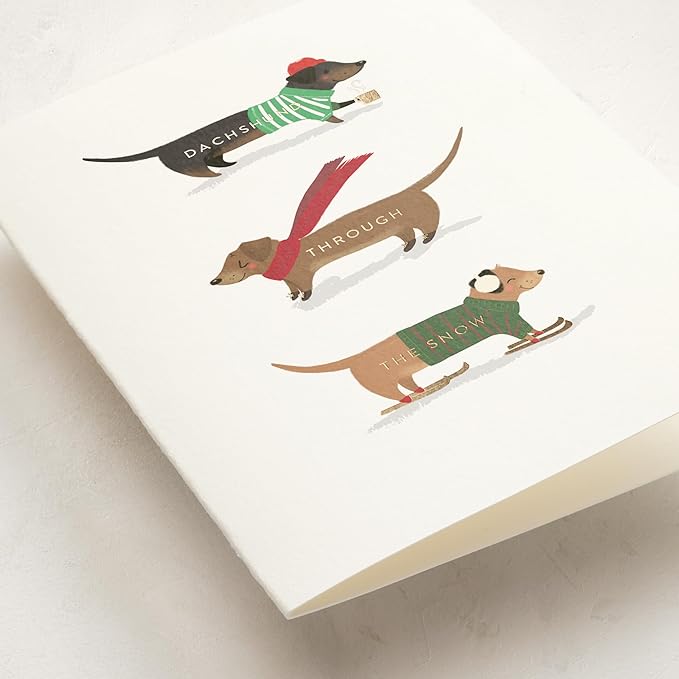 Minted Dachshund Through the Snow Christmas Cards, 8 Cards with Envelopes, Folded 5x7 Holiday Card with Playful Dog Illustration, Classic Design, Gold Foil-Pressed, Luxurious Paper, Interior Message