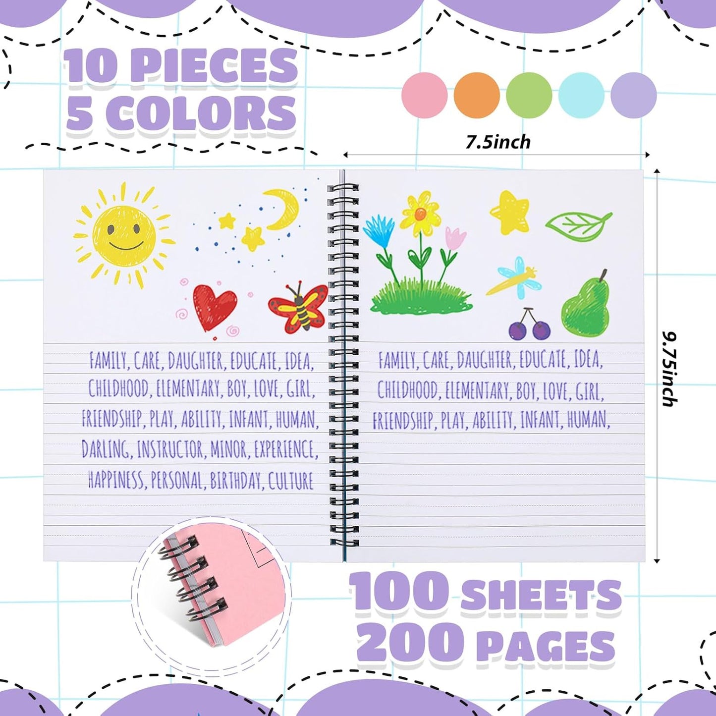Henoyso 10 Pcs 100/50 Sheets Primary Composition Notebook K-2 Bulk Spiral Primary Journal Drawing Handwriting Practice for Kids Kindergarten 1st 2nd Back to School Supplies (Macaron Color,100 Sheets)