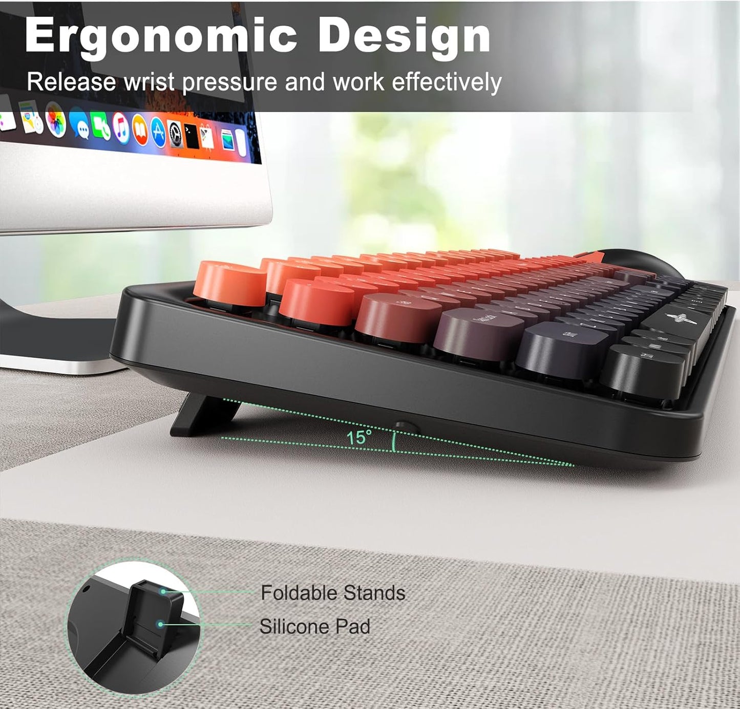 FD Wireless Keyboard and Mouse Combo | Cute Colorful Keyboard and Mouse with 2.4GHz Cordless Retro Typewriter Keyboard | Auto-Sleep | USB Receiver for Windows PC/Laptop - Black Orange Gradient