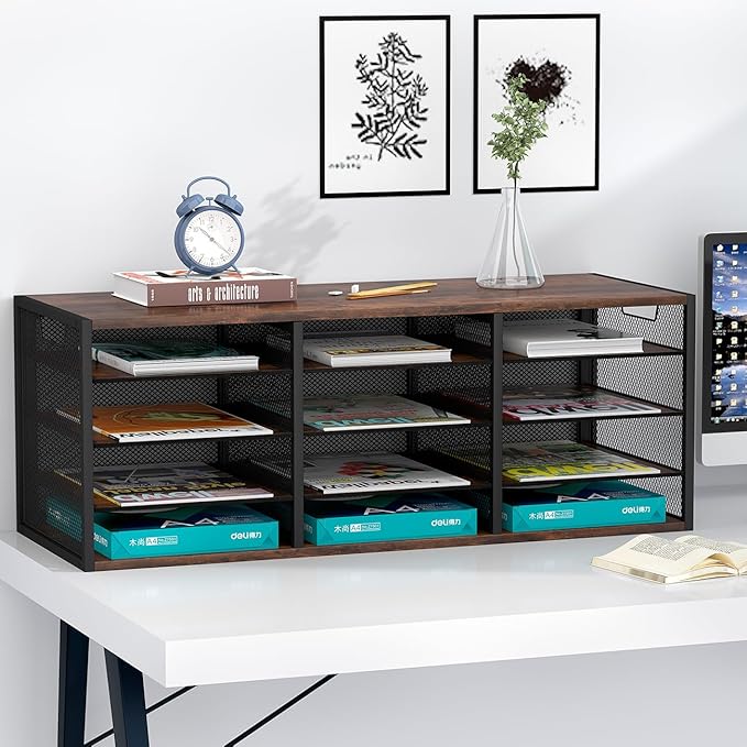 Mail Sorter Adjustable Holder, Countertop Literature Organizer, Student Mailbox for Classroom, Desktop Bill Paper Organizer for Office Home School, 12 Compartments, Brown