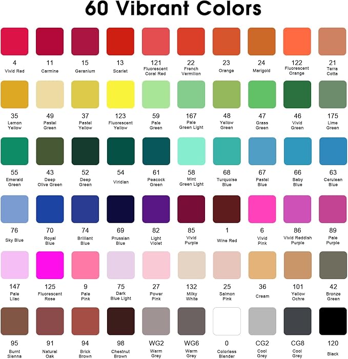 60 Colors Alcohol Markers Set, Dual Tips Blender Art Marker for Drawing, Permanent Sketch Markers for adult coloring, Alcohol Based, Adults Coloring and Artist Illustration.(BRUSH TIP)