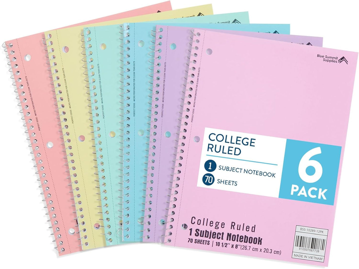 Blue Summit Pastel Spiral Notebook College Ruled, One Subject School Notebooks Spiral, Perforated Notebooks Bulk, 8 x 10.5 School Book, Paper, College Ruled, 6 Pack