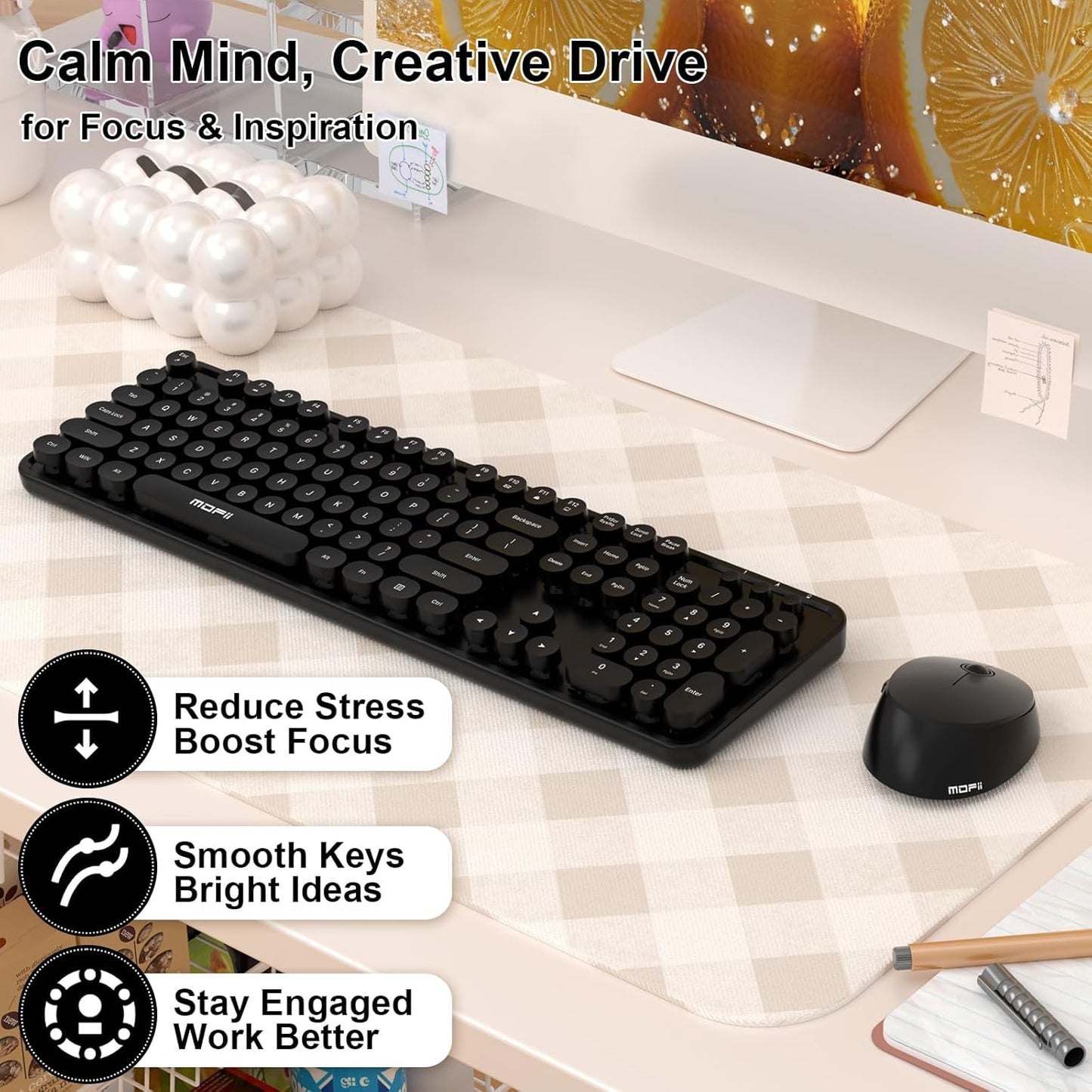 Wireless Keyboard and Mouse Combo, MOFII 104 Keys Full-Size Retro Round Keys Typewriter Keyboards Ergonomic Keyboards and Mouse Wireless for Windows, PC, Laptop, Desktop Black