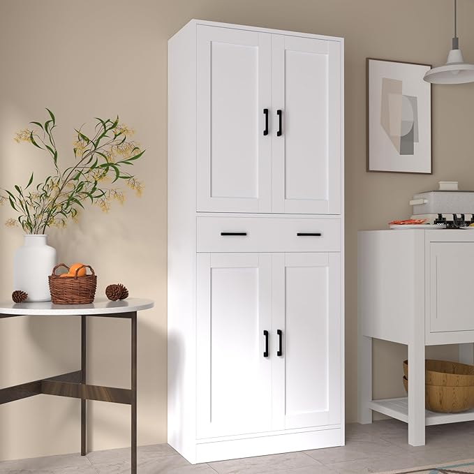 White Kitchen Pantry, 71" Tall Storage Cabinet with Doors and Drawer for Kitchen, Hallway, Office