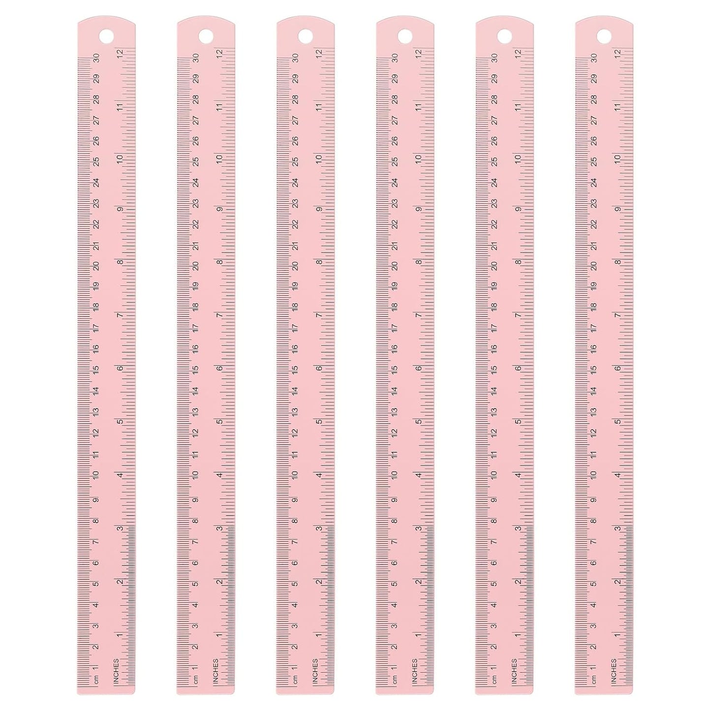 HARFINGTON 6pcs Metal Straight Ruler 30cm Metric SAE Aluminum Alloy Measuring Rulers Scale Tool with Hole for Measure Study Reading Classroom Office, Pink