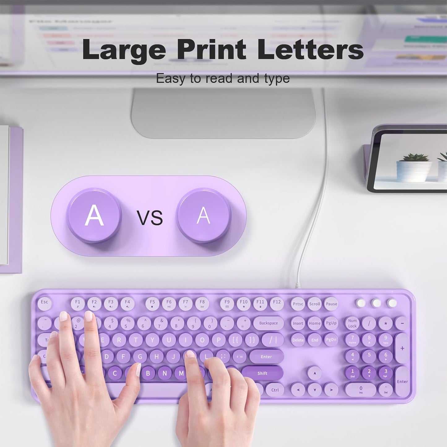MOFII Keyboard Wired Large Print, Computer Keyboard Plug Play, Colorful Retro Round Typewriter Keyboard with Numeric Keypad and Media Hotkey for Windows PC Laptop (Pale Purple)