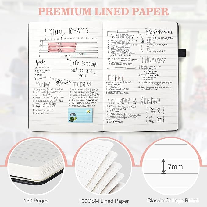 Lined Journal Notebook, 3 Pack A5 College Ruled Notebooks for Work, Hardcover Notebook Each with 2 Pockets & Pen, Leather Journal for Women, Men, 160 Pages, 100GSM Thick Paper (Sky Blue, Pink, Ivory)