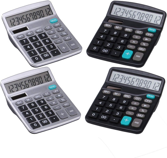 LICHAMP Desk Calculators with Big Buttons and Large Display, Office Desktop Calculator Basic 12 Digit with Solar Power and AA Battery (4 Packs Included), 4 Bulk Pack