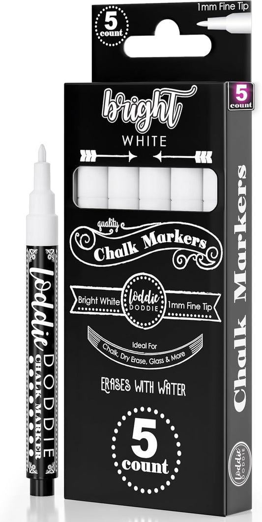 Loddie Doddie Fine Liquid Chalk Markers for Chalkboard - 5 Count Erasable Low-Odor White Chalkboard Markers with Fine Tip - White Chalk Pens - Erasable Pens