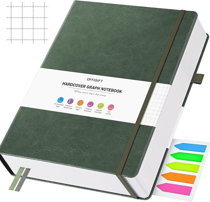 Graph Paper Notebook, 312 Numbered Pages B5 Hardcover Leather Journal, 100gsm No Bleed Grid Paper Notebook with Index Pages, Grid Notebook for Graphing Notes Math, 7.6'' X 10'', Green