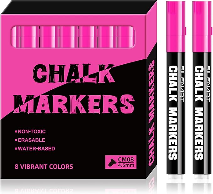 SILENART Chalk Markers Pink 8 Pack - Vibrant Chalkboard Marker for Blackboard Dry Erase Board Windows Glass Mirror Menu Board
