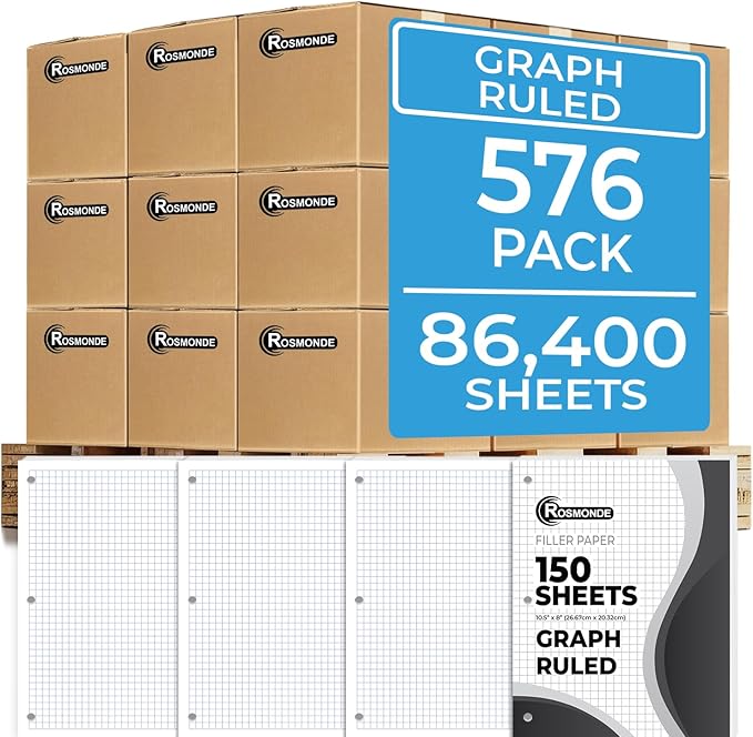Graph Paper Bulk, 576 Pack(Pallet), 86400 Sheets, 4x4, Pallet of Loose Leaf Paper, 8" x 10.5", Bulk Graphing Paper, 3 Hole Punched for Binders, Grid Paper, Quad Ruled Paper, 4-7 Days Transit