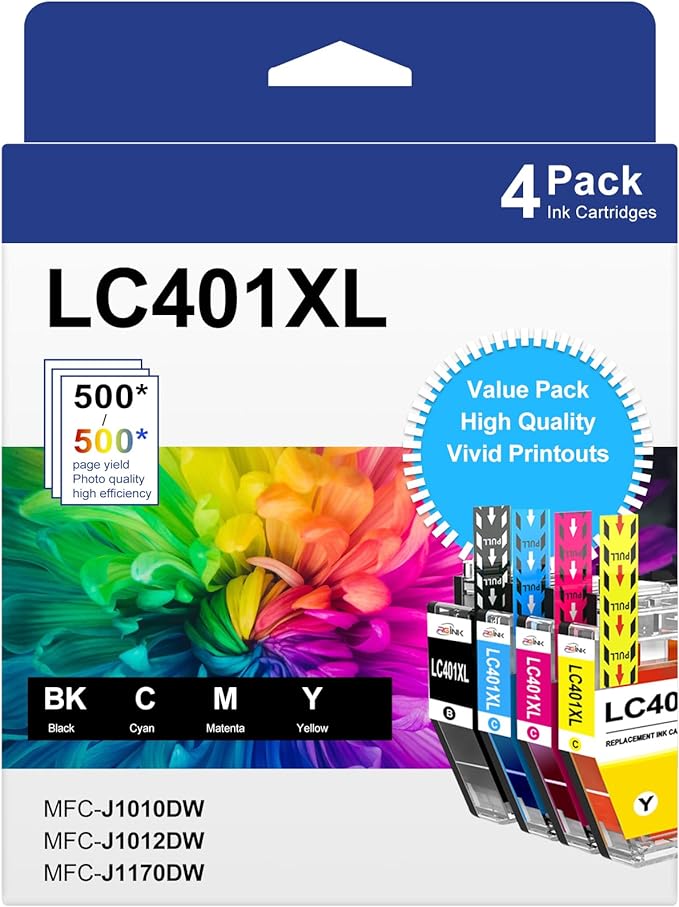 LC401XL Ink Cartridges for Brother Printer Compatible for LC401 Replacement for Brother LC401 Ink Cartridges LC401XL High Yield to use with MFC-J1010DW MFC-J1012DW MFC-J1170DW Printer (4 Pack, XL)