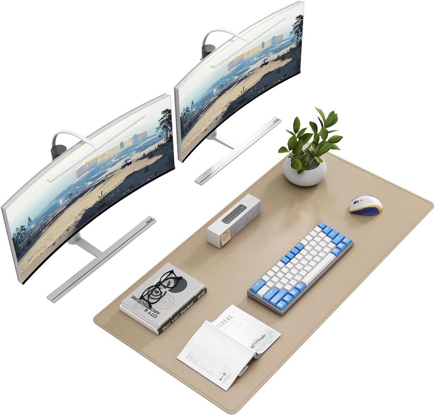 DAWNTREES Desk Mat Protector,PU Leather Desk Pad,Non Slip, Large Mouse Pad and Keyboard Mat, Waterproof Writing Pad for Office and Home (Beige,39.4''x19.7'')