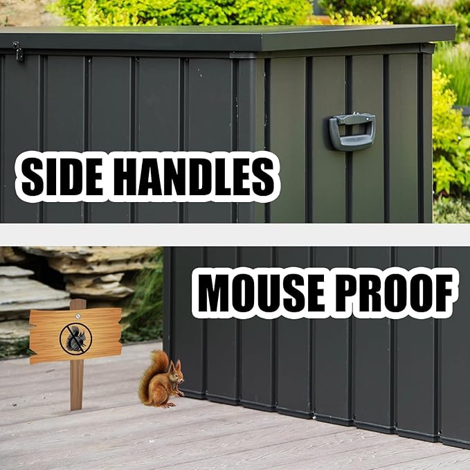 Domi Outdoor Deck Box 100 Gallon, Waterproof Lockable Steel Outdoor Storage Container with Resin Lid for Outside Cushions, Garden Tools and Pools Equipment (Gray)