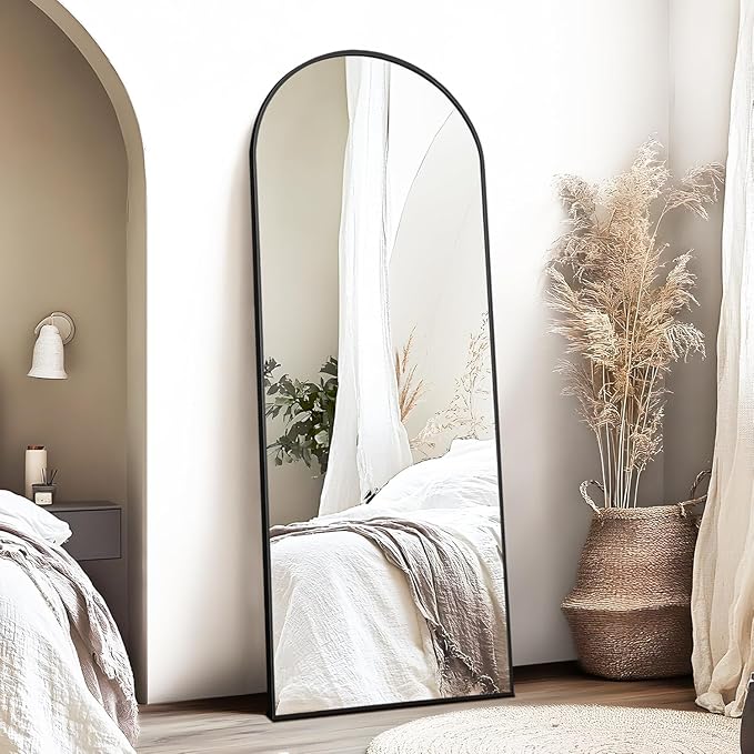 Simple Deluxe Arched Wall Mirror Full Length, 59"x16" Floor Mirror with Stand, Full Length Body Floor, Wall Mounted Mirror for Bedroom, Black