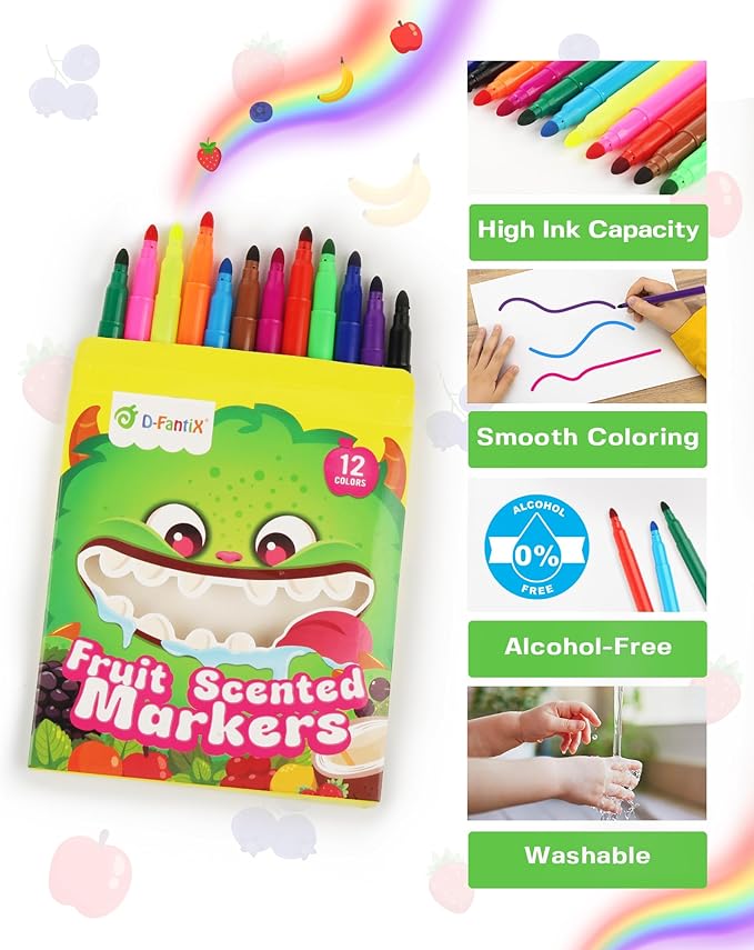 D-FantiX 12 Packs Fruit Scented Washable Markers for Kids Toddlers, 144 Count Coloring Markers Set, Bulk Art Supplies, Back to School Supplies, Gifts for Party Favors, Classroom Prizes, Donations