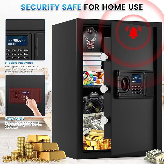 2.6 Cuft Fire Proof Safe for Home Documents, Home Safes Fireproof Waterproof, Fireproof Safe Box with LCD Digital Keypad, Alarm System, Hidden Code, Safety Box For Money Medicine Jewelry
