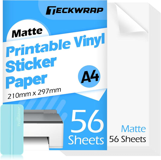 TECKWRAP Printable Vinyl Sticker Paper for Inkjet Printer, Matte Inkjet Printable Vinyl, 8.26" x 11.69" A4 56 Sheets/Pack Photo Paper for Craft Scrap-Booking, Stickers, Labels