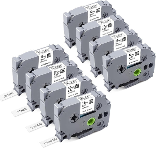 8Pk Replace for Brother Label Maker Tape 12mm 0.47 White Work with Brother P Touch Label Tape TZ TZe 1/2" Black on White TZe-231 for P-Touch PT-H103w H110 D210 D220 D400 1180 1280 1890 2040,8m 26.2ft