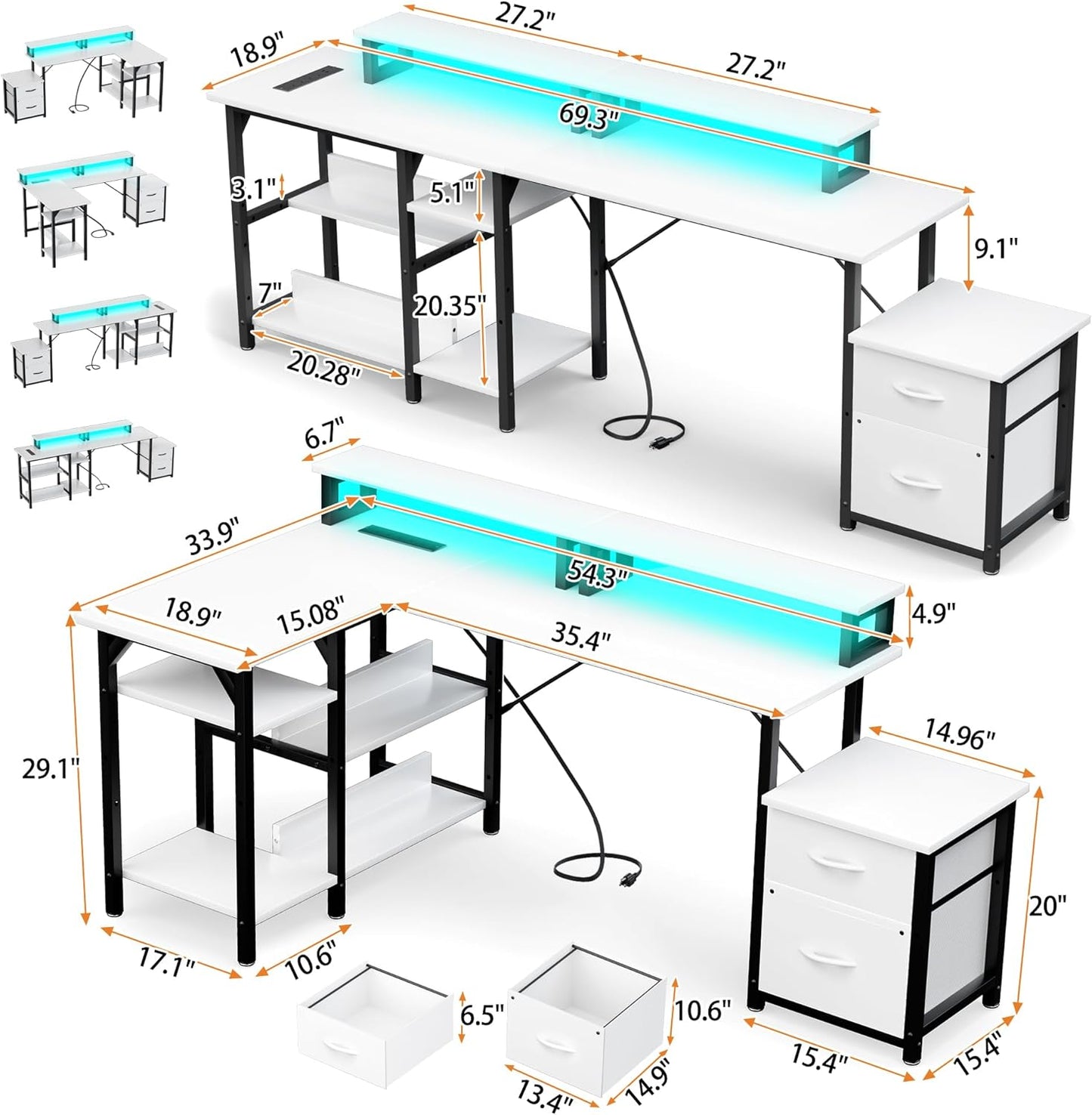 YOUNGAR 69.3" Home Office Desk with Storage, Reversible L Shaped Computer Desks, Corner Gaming Office Desk with 2 File Drawers&Power Outlet, White