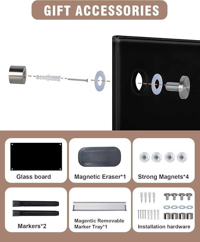Magnetic Glass Whiteboard，24"x18" Wall Mounted Frameless Dry Erase Board for Office, Home & School Black