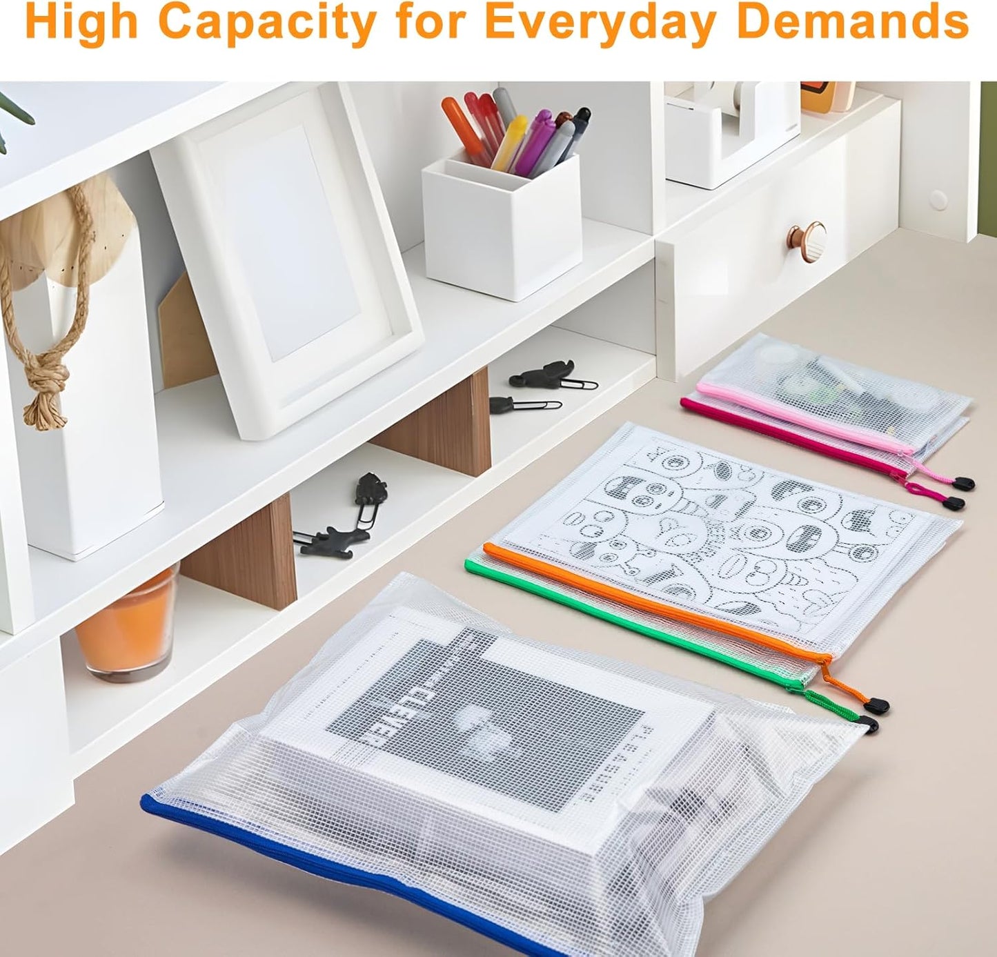 64Pack Mesh Zipper Pouch Bags, Waterproof A4 Letter Size Document Zipper Pouches for Storage, Teacher School, Toys, Puzzle, Office, 8 Colors