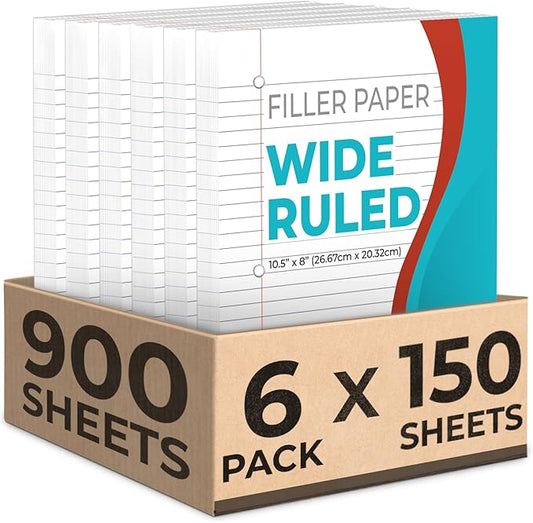 Loose Leaf Paper, 900 Sheets, 6 Pack, Wide Ruled, 8" x 10.5", 56 gsm Bulk Office Filler Sheets, 3 Hole Punched, 150 Sheets/Pack, Wide Ruled for 3 Ring Binder, Notebook Paper, White