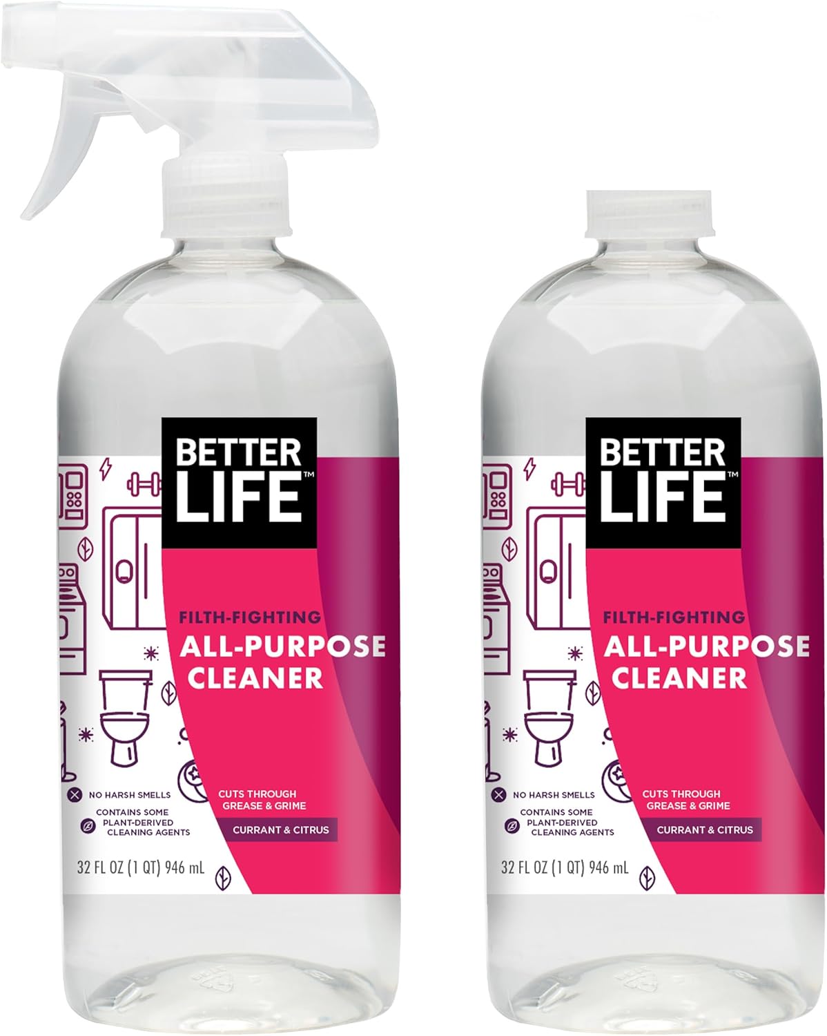 Better Life Multi Surface Cleaner - Plant Derived Cleaner Spray, Non-Toxic All Purpose Cleaners, Eco-Friendly Non Toxic Cleaning Supplies for Home, Currant and Citrus Scent, 32 Fl Oz * 2