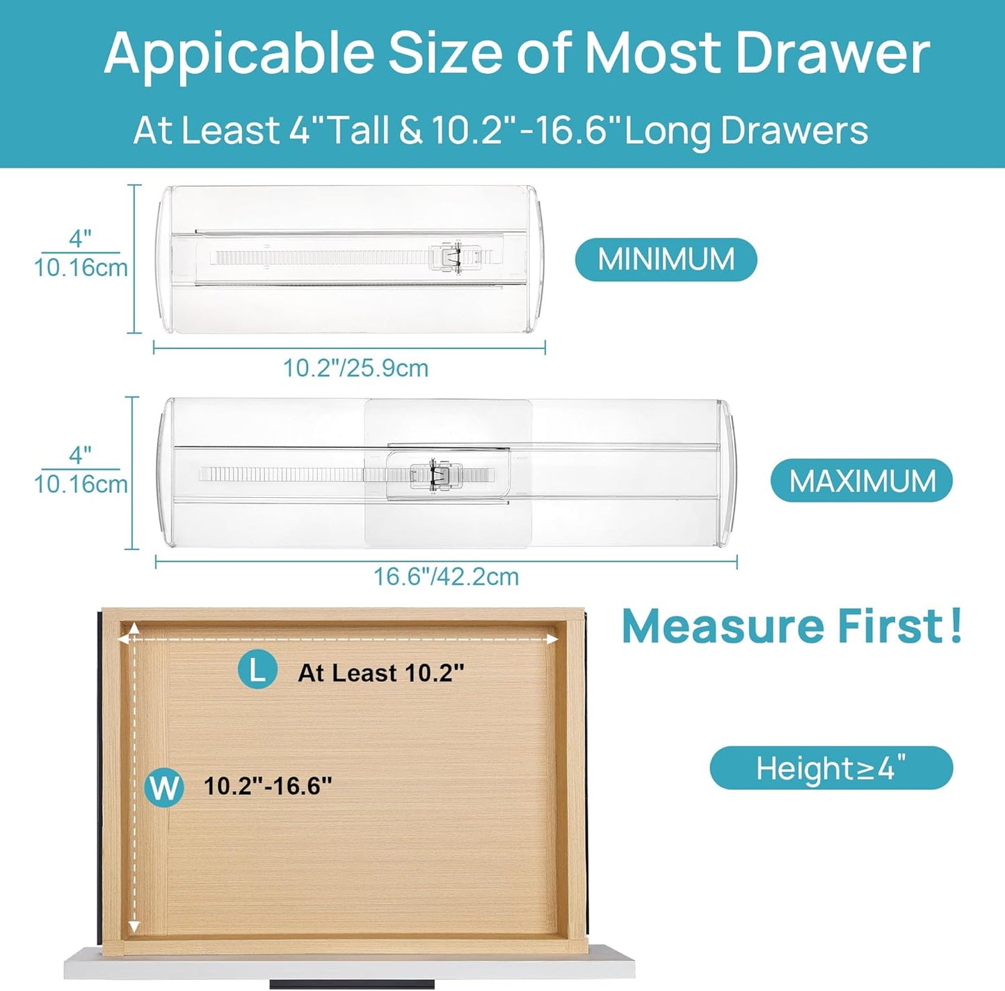 Vtopmart 12 Pack Drawer Dividers for Clothes, 4" High 10.2"-16.6" Adjustable Expandable Dresser Drawer Organizer, Clear Plastic Separators for Dresser, Baby Clothing, Underwear, Cosmetic, Toiletries