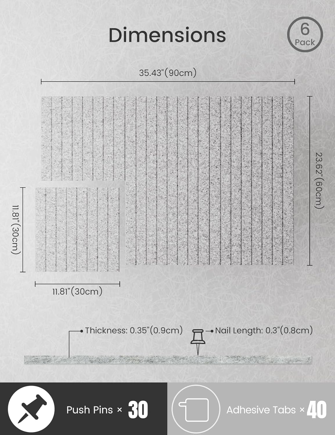 Bumusty Large Cork Board Alternative-36 x24 Felt Bulletin Board Tiles, with 30 Pushpins, 40 Adhesive Tabs, 6-Pack Slat Wall Paneling, Cork Boards for Office Push Pin Board Felt Board-Marble Gray