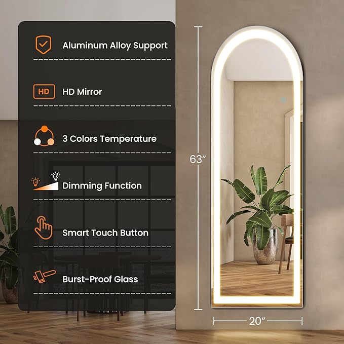 Arched Full Length Mirror with LED Lights, 63"x20" Body Floor Mirror with Dimming & 3 Color Lighting, LED Mirrors for Home Decor, Tall Arch Aluminum Frame Mirrors for Bedroom Cloakroom