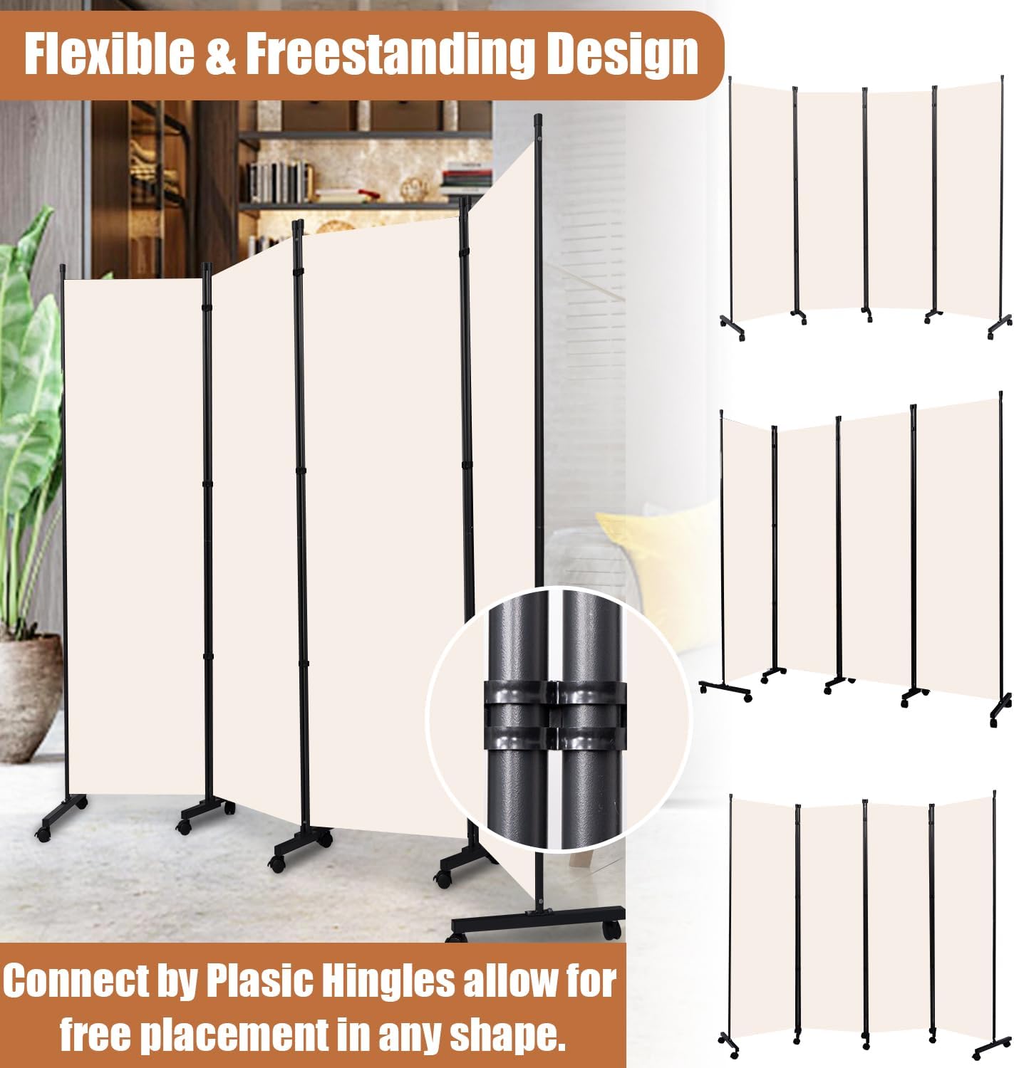 Room Divider Portable 88'' Partition Room Dividers and Folding Privacy Screens 4 Panel Wall Divider for Room Separation，Freestanding Fabric Room Divider Panel with Wheels for Home Office Hospital