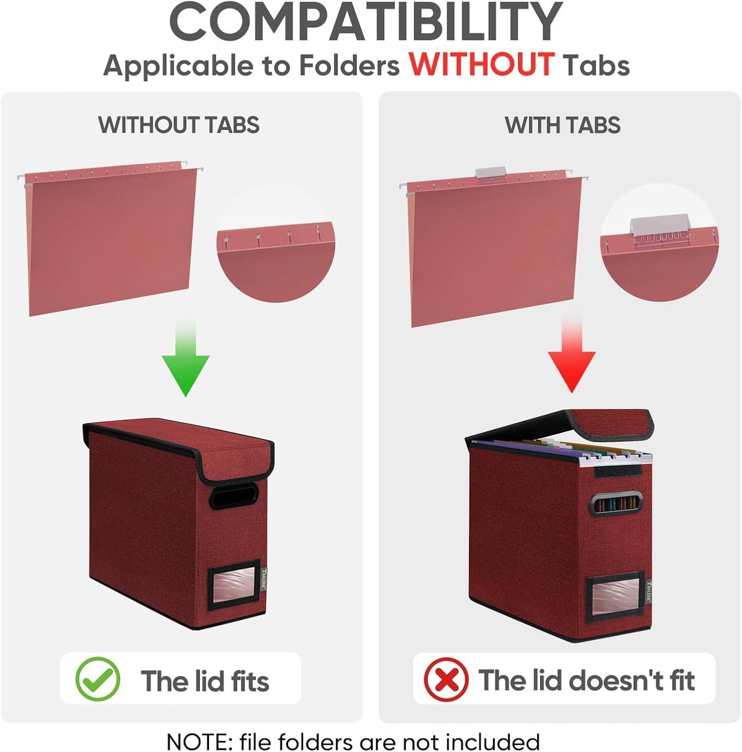 BALEINE File Organizer Box with Lid, Collapsible File Folder Organizer with Plastic Slide, Hanging File Folder Box for Office Document Storage (2 Pack, Red, S)