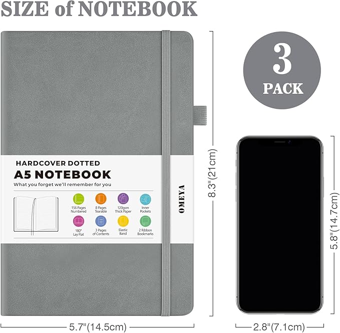 Bullet Dotted Journal Notebook 3 Pack, A5 Dotted Journal with 120gsm Paper, Leather Dotted Notebook, Hardcover Dot Grid Notebook Each with 156 Nmubered Pages, Dot Journal for Women, Men 5.75" × 8.38"