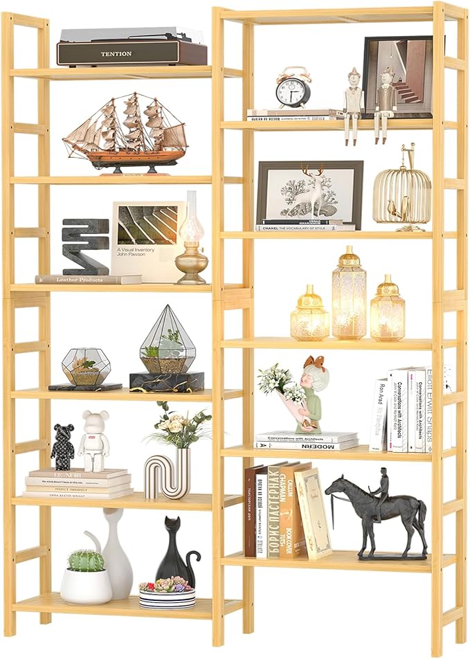 Homykic Double Wide Bamboo Bookshelf, 6-Tier Large Open Bookcase with 12 Display Shelves, 6ft Tall Freestanding Book Shelf for Home Office, Bedroom, Living Room, Plants, Natural