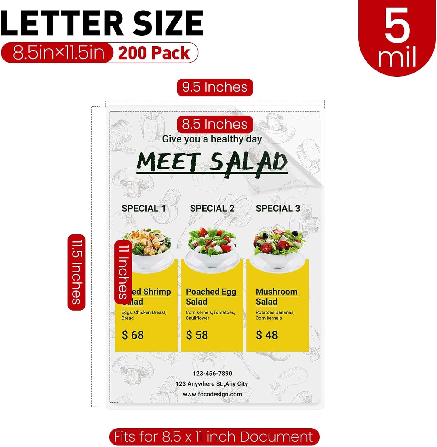 CAREGY 5 Mil Thermal Laminating Pouches (200 Pack) - 9x11.5 Inch Laminating Sheets for 8.5x11 Documents, Clear,Office & School Laminator Supplies