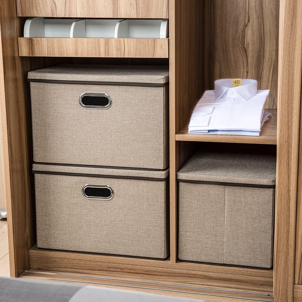 PRANDOM Extra Large Collapsible Storage Bins with Lids [3-Pack] Linen Fabric Foldable Storage Baskets Boxes Organizer Containers Cube with Cover for Bedroom Closet Office Nursery (22.8x15.75x13.8)