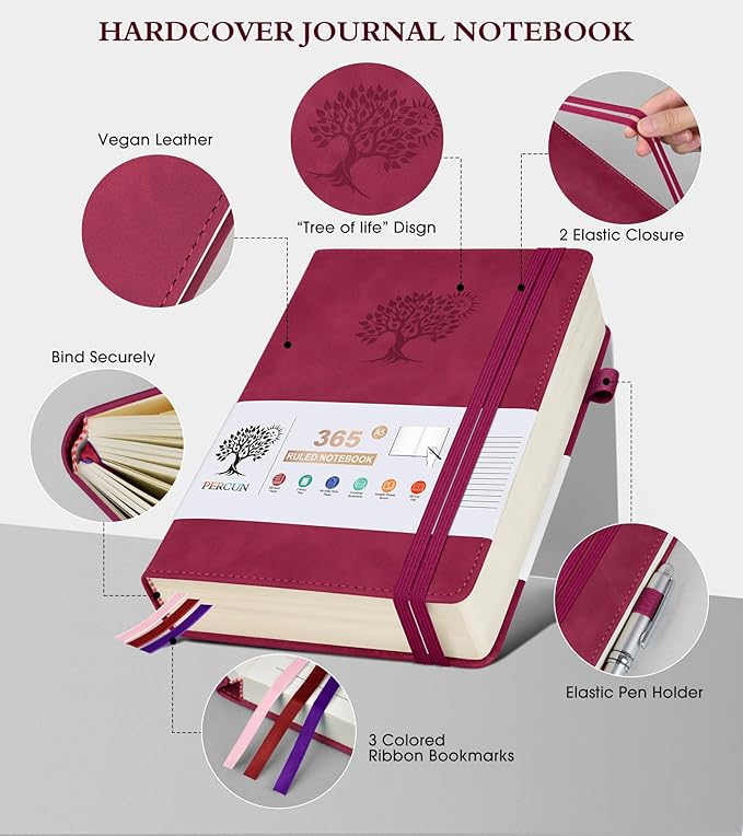 A5 Lined Journal Notebook - 365 Page Leather Journals for Writing Women & Men，Hardcover Notebook with 100Gsm Thick Pages，Daily Diary for Travel, Work，School，Note Taking，College Ruled (5.9" x 8.5")