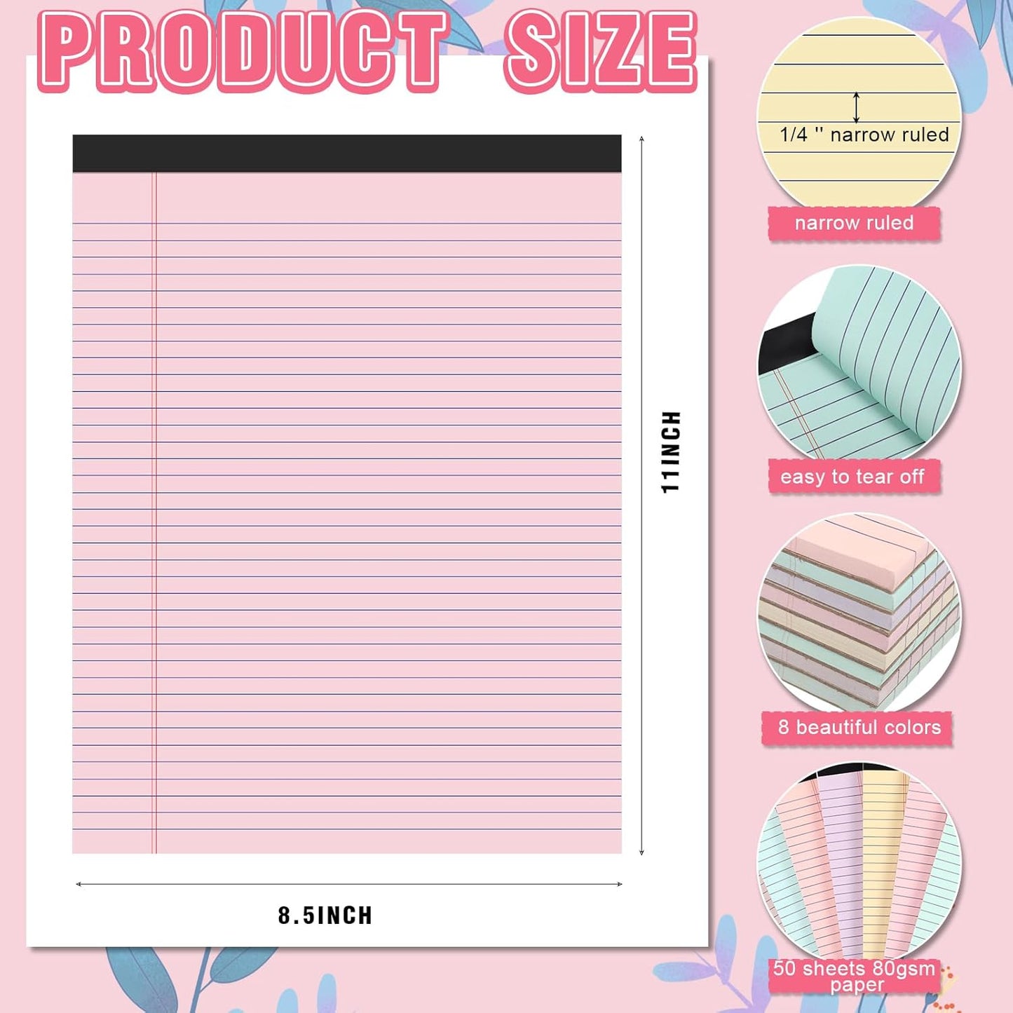Fuutreo 8 Pcs 8.5'' x 11'' Colored Legal Pad Writing Pads Narrow Ruled 50 Sheets Per Notepad Perforated Writing Notepad Office Supplies for College Office Business (Macaron Color)