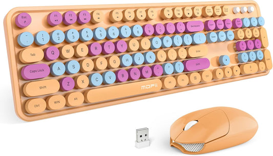 MOFII Wireless Keyboard and Mouse Combo, Retro Wireless Keyboard with Round Keycaps, 2.4GHz Dropout-Free Connection, Cute Wireless Mouse for PC/Laptop/Windows XP/7/8/10 (Orange-Colorful)