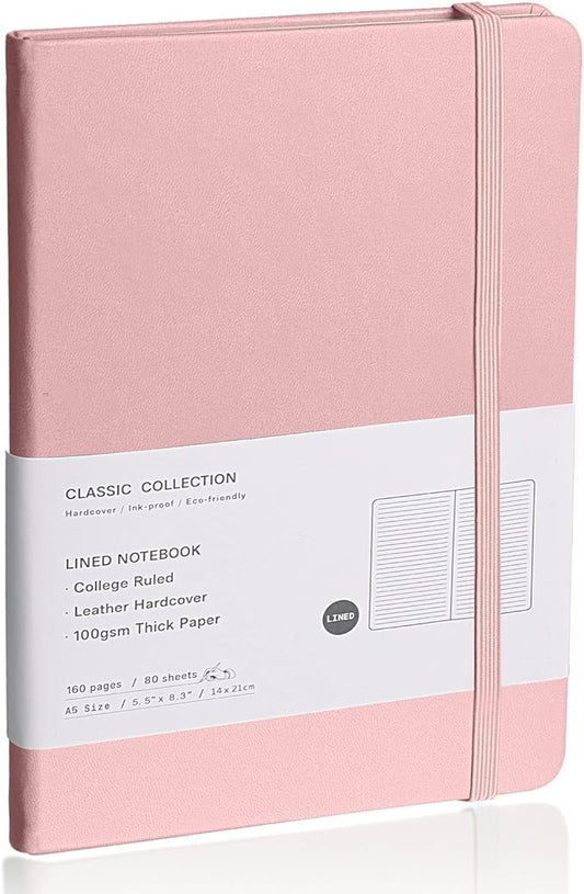 Lined Journal Notebook, (pink), 160 Pages, Medium 5.7 inches x 8 inches - 100 gsm Thick Paper, Hardcover