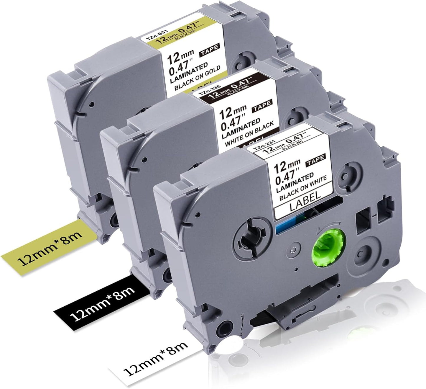 3-Pk 12mm TZ Labels Tape Compatible with Brother Ptouch TZe-231 335 831 Label Maker Tape 12mm 0.47" Laminated White/Black/Gold, Work for Brother Ptouch Label Maker PTD200 PTD400 PT1280 PT1880