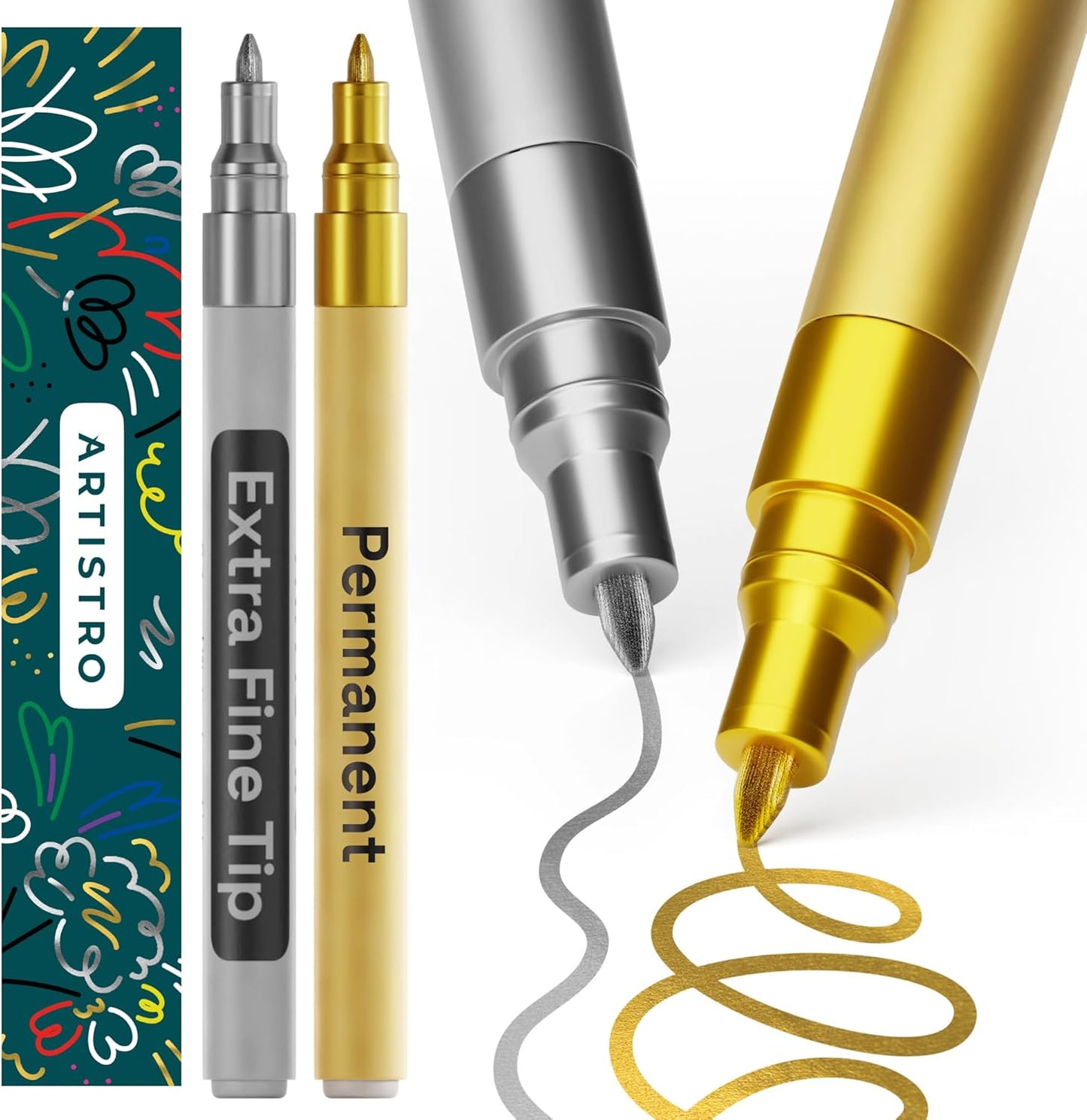 ARTISTRO 2 Gold & Silver Permanent Marker - Waterproof Markers for Tire, Fabric, Rocks, Glass, Ceramic, Wood, Paper - Oil Based Paint Pens - Extra-Fine Tip 0.7mm