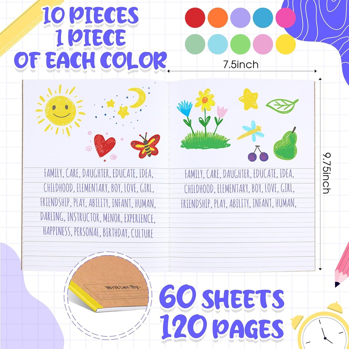 Henoyso 10 Pcs 120 Pages Primary Composition Notebooks K-2, Primary Journal Grades K-2, Writing Journal Practice Notebook for Kids in Preschool, Kindergarten, Back to School Supplies (Stylish)